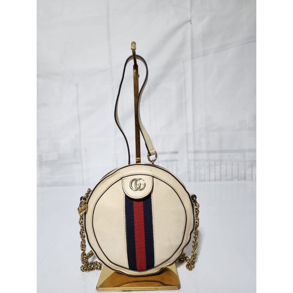 Authentic GUCCI Textured Calfskin Web Mini Ophidia Round Shoulder Bag Mystic Whi - Picture 1 of 16